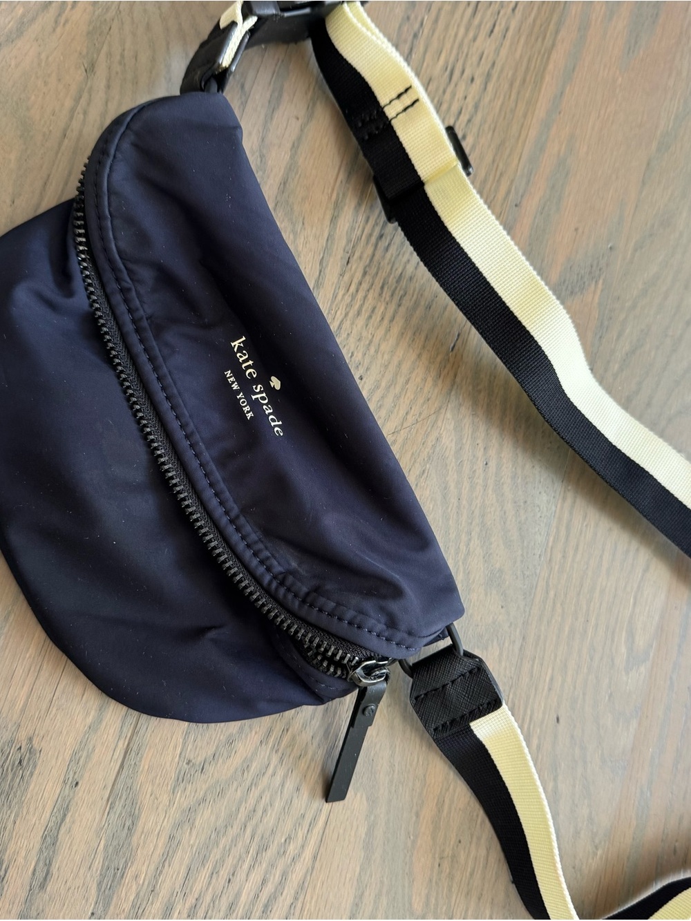 kate spade Navy Belt Bag with Black and Cream Striped Strap